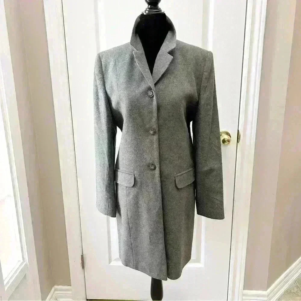 Vintage Wool Blend Pea Coat Single Breasted Neutral Classic Grey Size 10 Petite - Picture 5 of 16